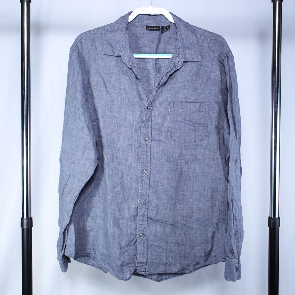Tahari Linen Shirt Mens Extra Large XL Blue Short Sleeve Button Up